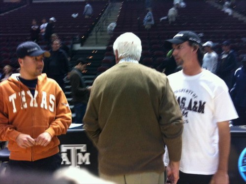 Michael speaking with Bobby Knight after a basketball game